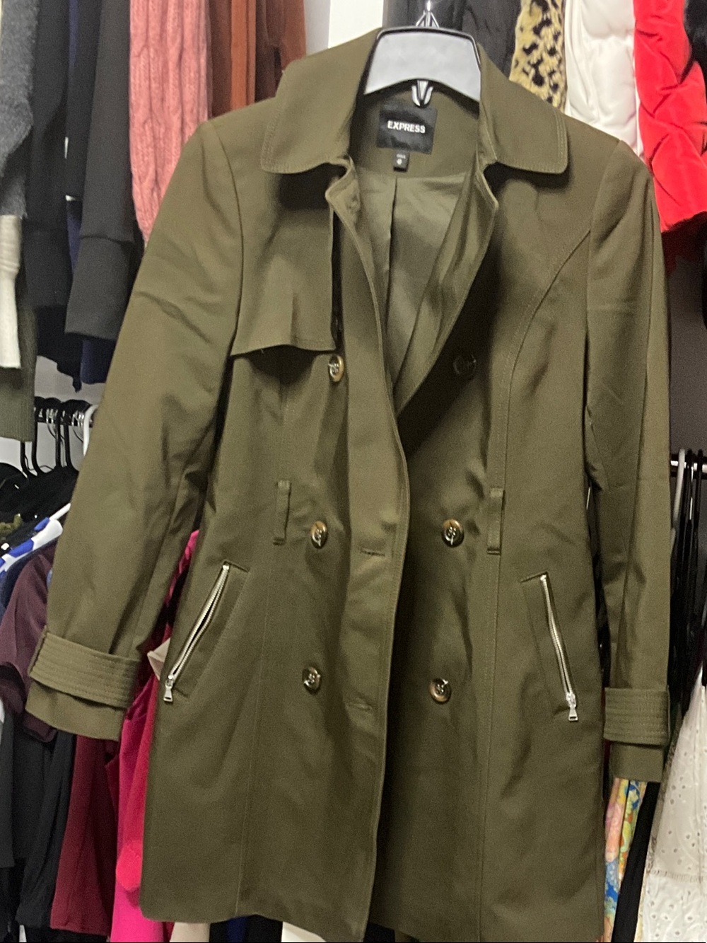 Express Olive Green Double-Breasted Trench with Gold Zippers